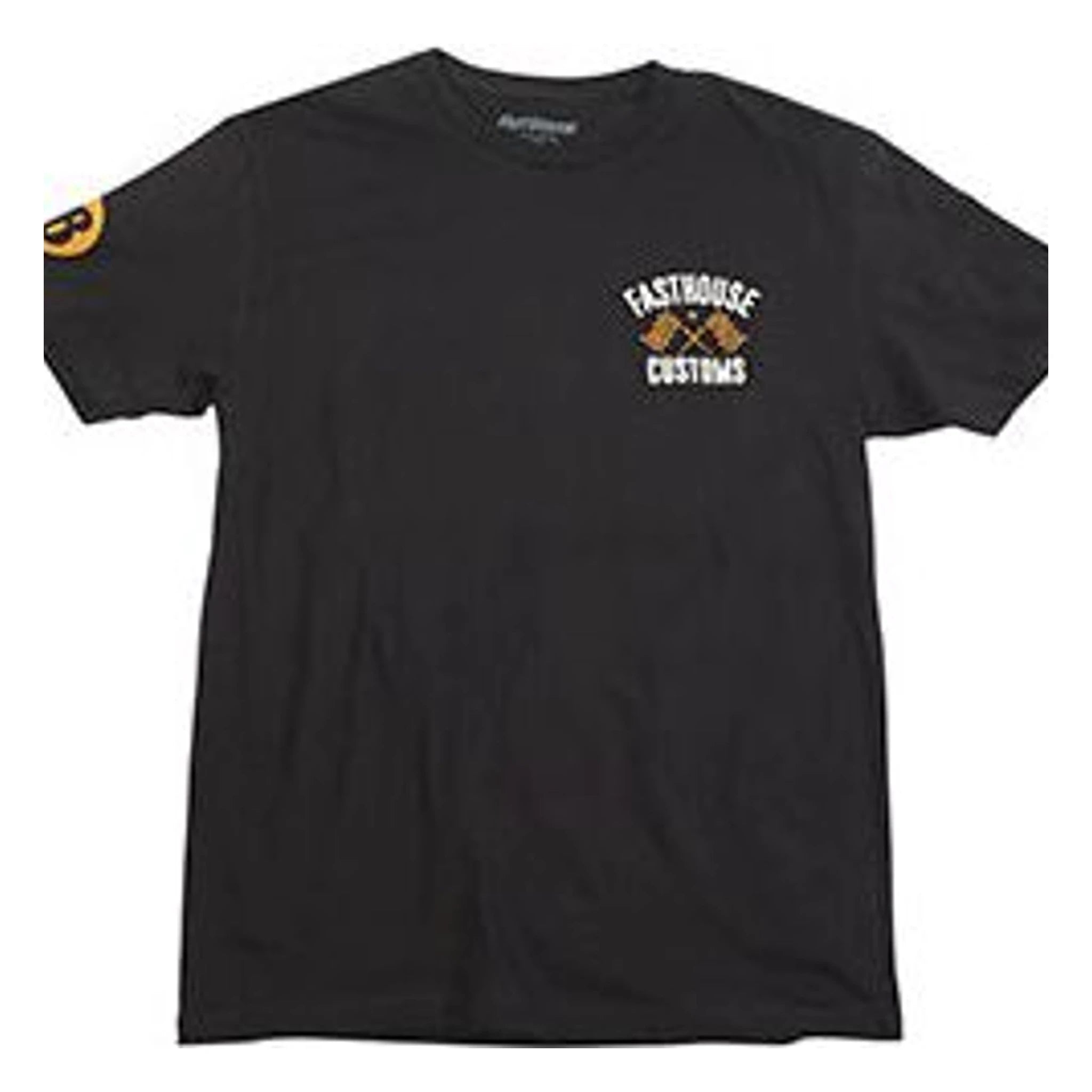 Youth 68 Trick Tee Black/gold Kids front view, Black with white and gold crossed-flags graphic and text on chest, small gold