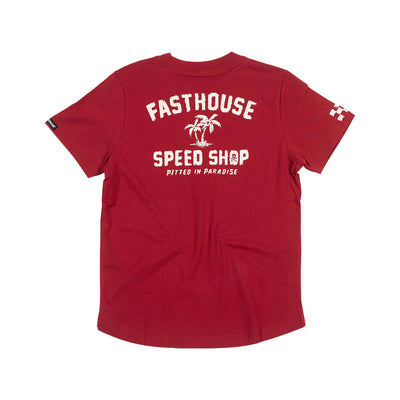 Youth Alkyd Tee Cardinal Kids front view, Cardinal red with cream "Fasthouse Speed Shop" text, palm tree graphic, and