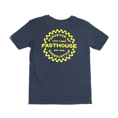 Youth Anchor Tee Midnight Navy Kids front view, Midnight navy with yellow checkered circular graphic reading "Purveyor of