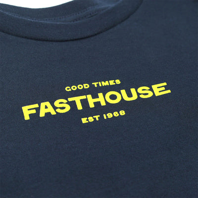 Close-up of Youth Anchor Tee Midnight Navy Kids Midnight Navy Kids Tee showing Yellow embroidered text on navy cotton