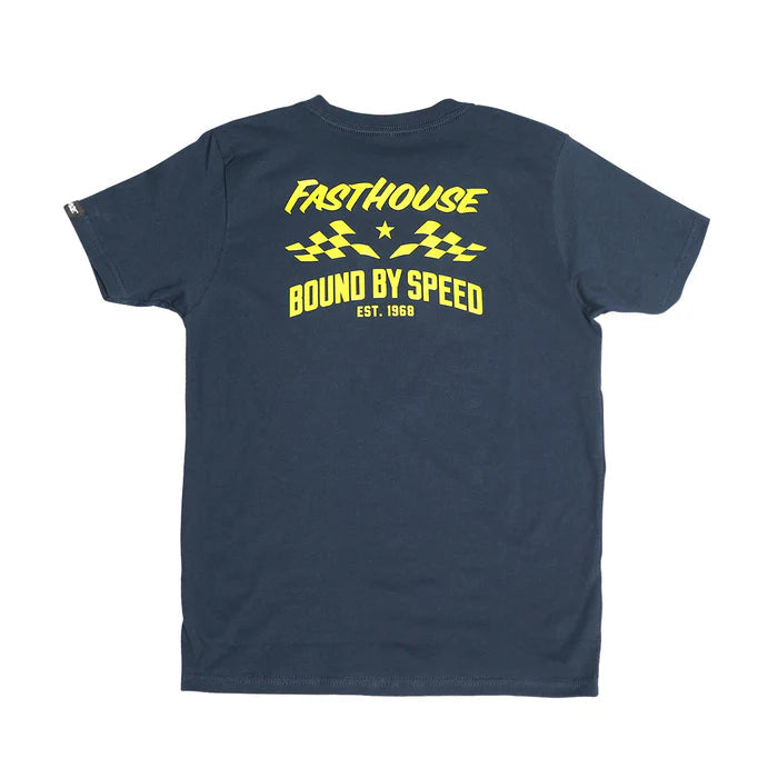 Back of Youth Bound Tee Midnight Navy Kids Midnight Navy Kids Tee, Navy with yellow "Fasthouse Bound By Speed" text,