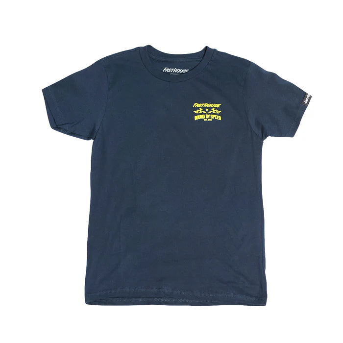 Youth Bound Tee Midnight Navy Kids front view, Midnight navy with small yellow chest graphic and text placement, Midnight