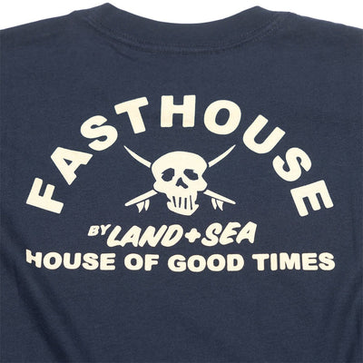 Back of Youth Break Tee Navy Kids Navy Kids Tee, Navy with cream skull and crossbones, "Fasthouse" and "by Land + Sea House