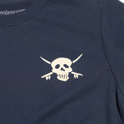 Close-up of Youth Break Tee Navy Kids Navy Kids Tee showing Cream skull with crossed wrenches and horns print detail -