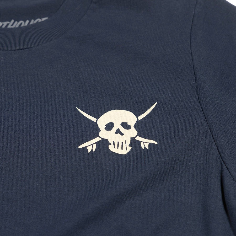 Close-up of Youth Break Tee Navy Kids Navy Kids Tee showing Cream skull with crossed wrenches and horns print detail -
