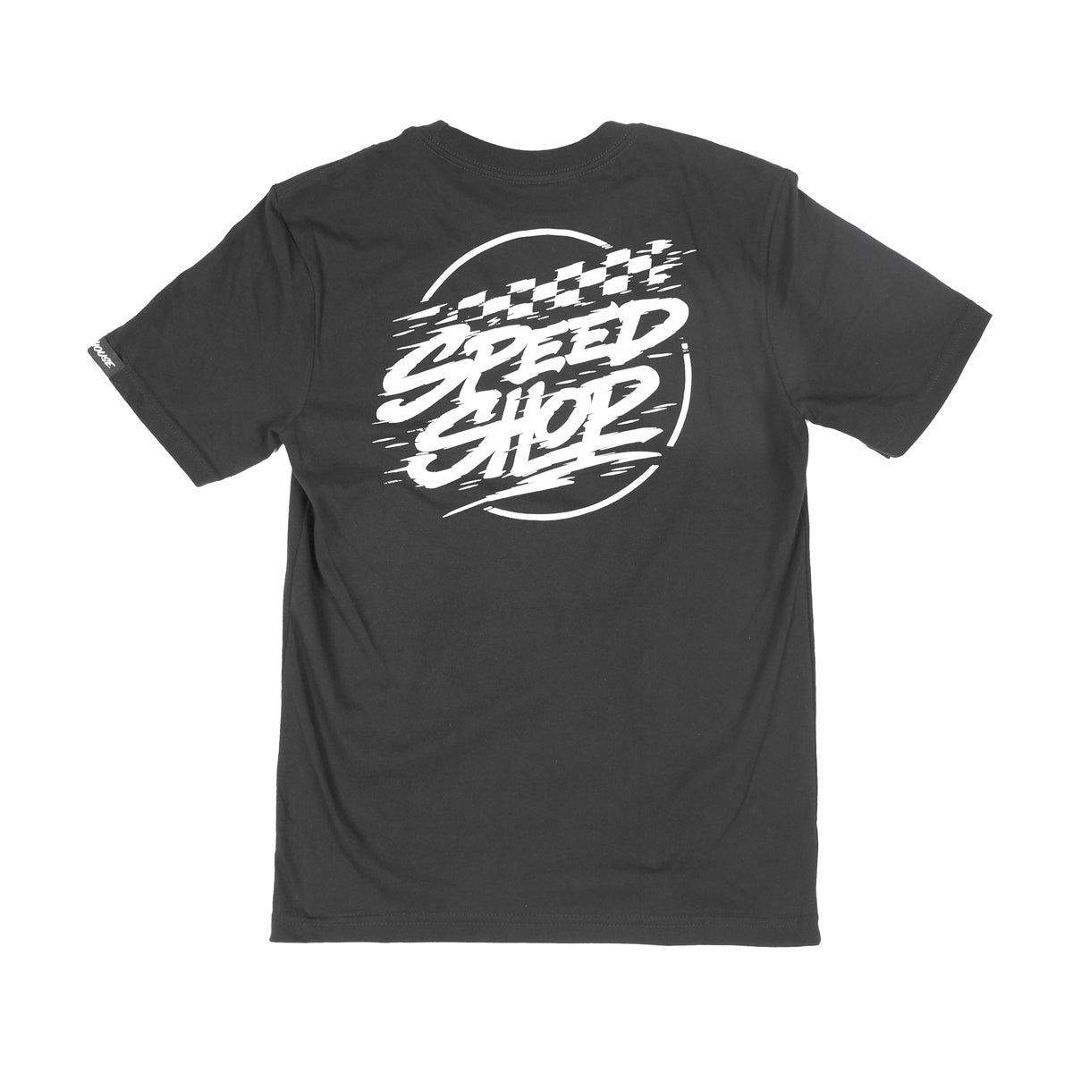 Youth Burner Tee Kids front view, Black with white checkered flag and speed shop graphic in circular design, Black Kids Tee