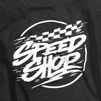 Close-up of Youth Burner Tee Kids Black Kids Tee showing White speed-themed graphic with checkered flag and motion lines