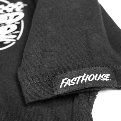 Close-up of Youth Burner Tee Kids Black Kids Tee showing Ribbed sleeve cuff with white embroidered text on black band -