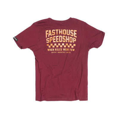 Youth Chatlet Tee Kids front view, Maroon with gold "Fasthouse Speedshop" text, checkered graphic, and address tagline