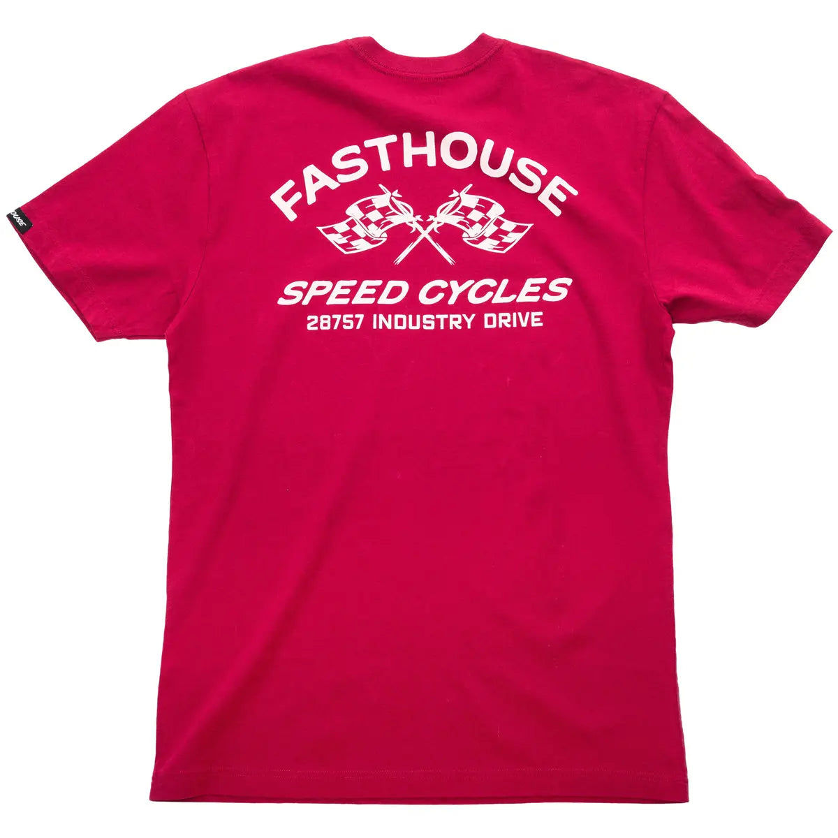 Youth Crossroads Tee Cardinal Kids front view, Cardinal red with white "Fasthouse Speed Cycles" text and crossed checkered