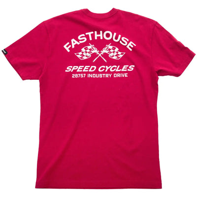 Youth Crossroads Tee Cardinal Kids front view, Cardinal red with white "Fasthouse Speed Cycles" text and crossed checkered