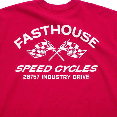 Close-up of Youth Crossroads Tee Cardinal Kids Kids Tee showing White screen-printed text and crossed checkered flags