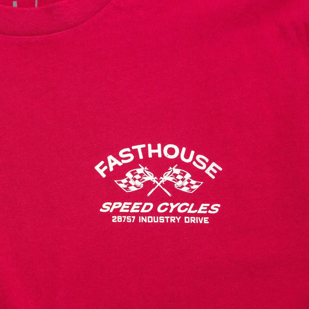 Close-up of Youth Crossroads Tee Cardinal Kids Kids Tee showing White embroidered chest graphic with crossed checkered flags