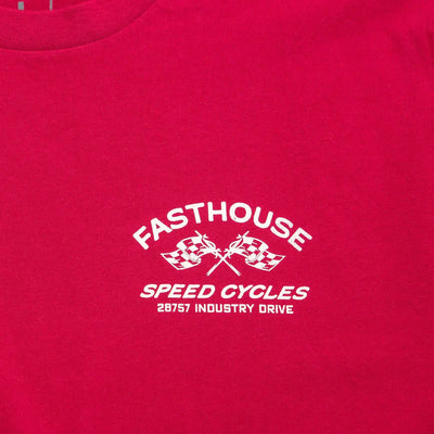 Close-up of Youth Crossroads Tee Cardinal Kids Kids Tee showing White embroidered chest graphic with crossed checkered flags