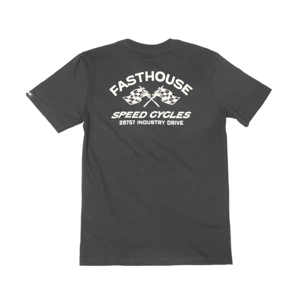 Youth Crown Tee Kids front view, Black with white crossed checkered flags and "Fasthouse Speed Cycles" text with address