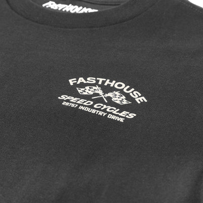Close-up of Youth Crown Tee Kids Black Kids Tee showing White embroidered chest graphic with crossed checkered flags and