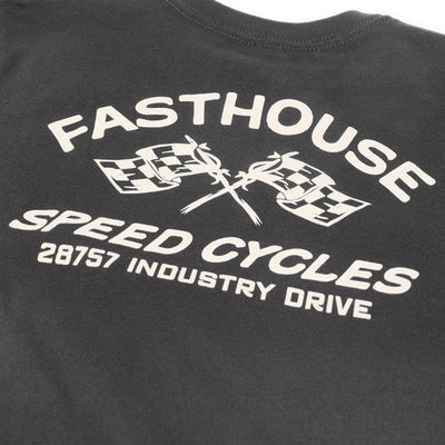 Close-up of Youth Crown Tee Kids Black Kids Tee showing White print graphic with crossed checkered flags above text reading