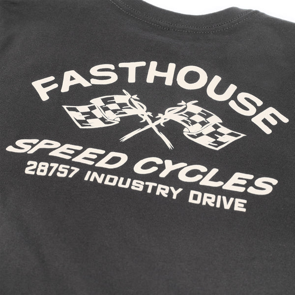 Close-up of Youth Crown Tee Kids Black Kids Tee showing White print graphic with crossed checkered flags above text reading