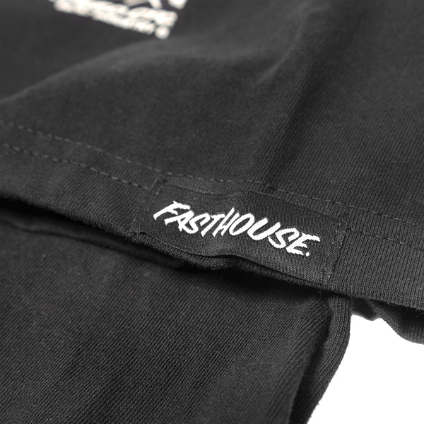Close-up of Youth Crown Tee Kids Black Kids Tee showing White embroidered script logo on black ribbed sleeve cuff - Slowride