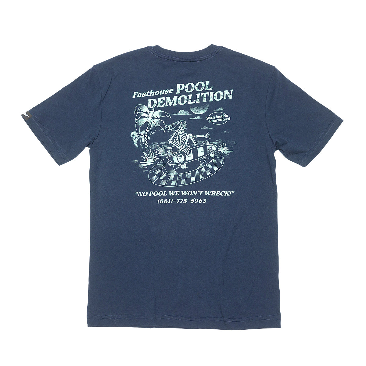 Youth Demolition Tee Kids front view, Navy with white and gray illustration of a figure in a hovercraft, palm tree, and text