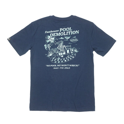Youth Demolition Tee Kids front view, Navy with white and gray illustration of a figure in a hovercraft, palm tree, and text