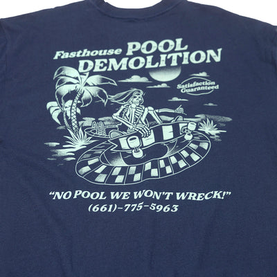 Close-up of Youth Demolition Tee Kids Navy Kids Tee showing Navy with pale green illustration of skeleton driver in vintage