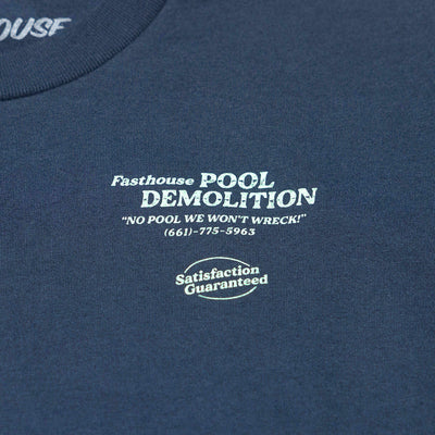 Close-up of Youth Demolition Tee Kids Navy Kids Tee showing White embroidered text and oval badge on navy cotton jersey,
