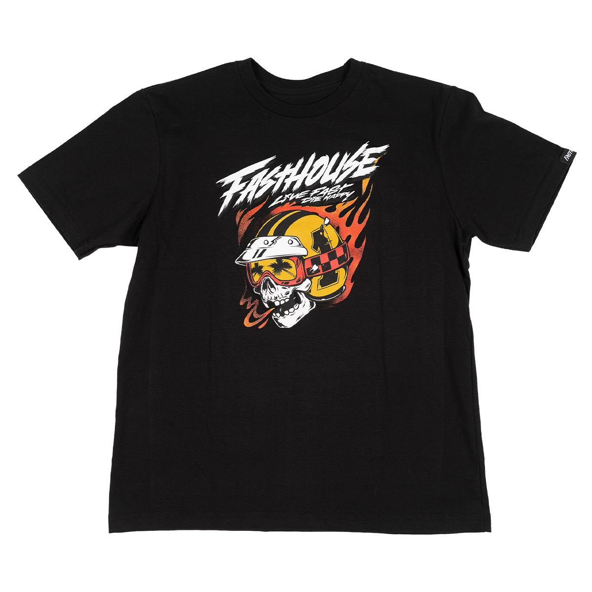 Youth Destroyer front view, Black with white "Fasthouse" text, skull wearing racing helmet with yellow goggles, and