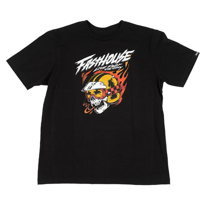 Close-up of Youth Destroyer Black Tee showing Black with white diagonal text, skull wearing racing helmet and yellow