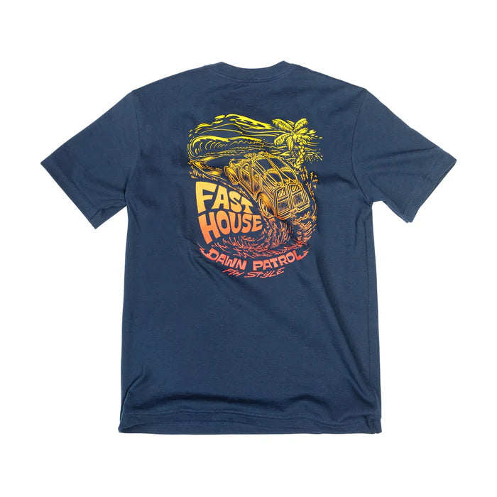 Youth Explorer Tee Kids front view, Midnight navy with yellow and orange racing truck graphic, palm tree and "Fast House