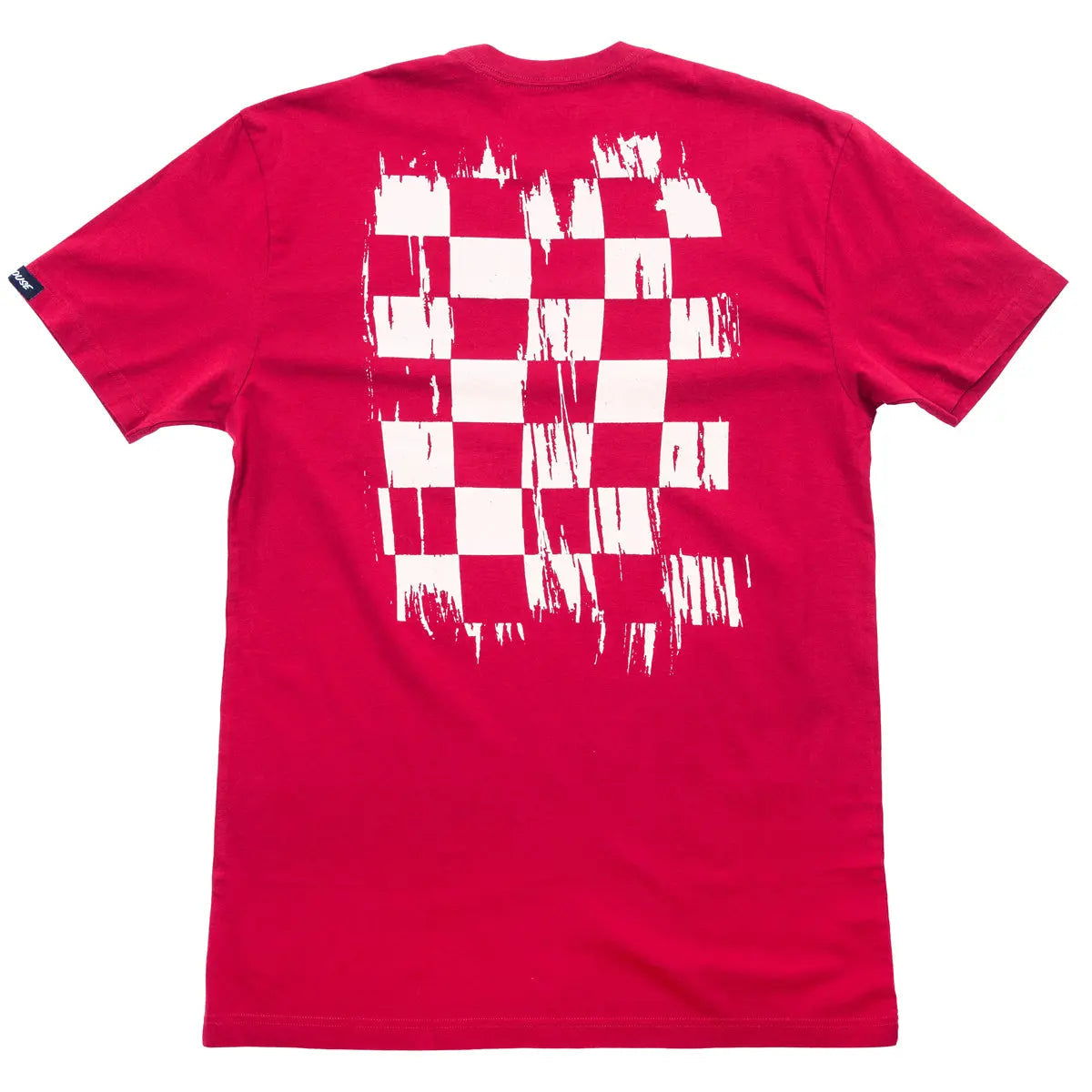 Youth Fray Tee Cardinal Kids front view, Cardinal red with distressed white checkerboard graphic across center back