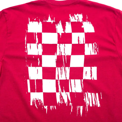 Close-up of Youth Fray Tee Cardinal Kids Kids Tee showing Red with white distressed checkered flag graphic and cityscape