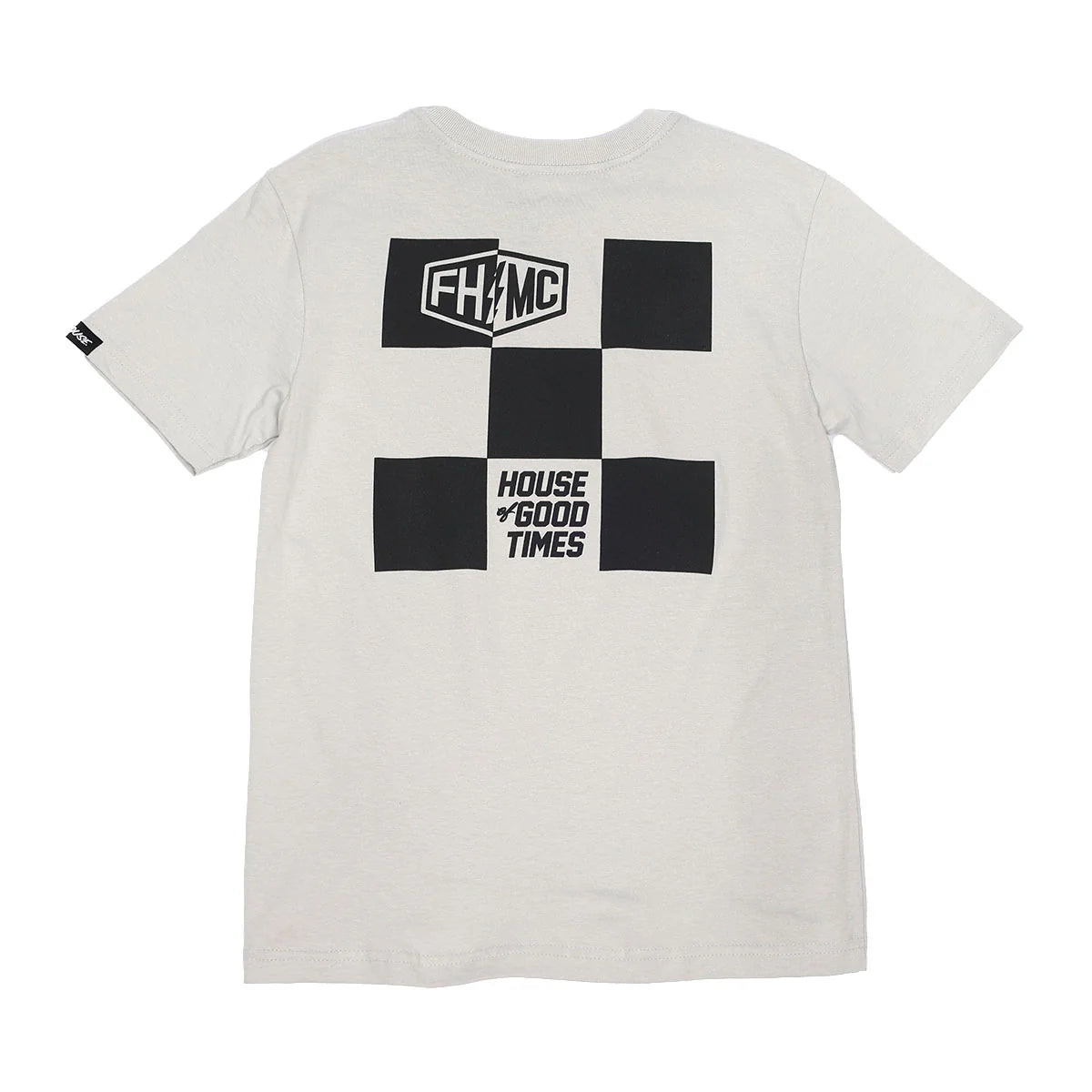 Youth Gibson Tee Kids front view, Light gray with black and white checkerboard graphic, shield logo and text reading House