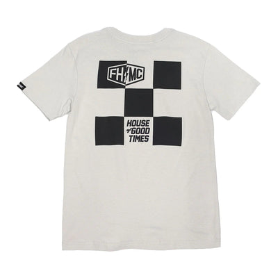 Youth Gibson Tee Kids front view, Light gray with black and white checkerboard graphic, shield logo and text reading House