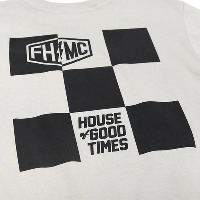 Close-up of Youth Gibson Tee Kids Light Gray Kids Tee showing Light gray with black and white checkered flag graphic, FHMC