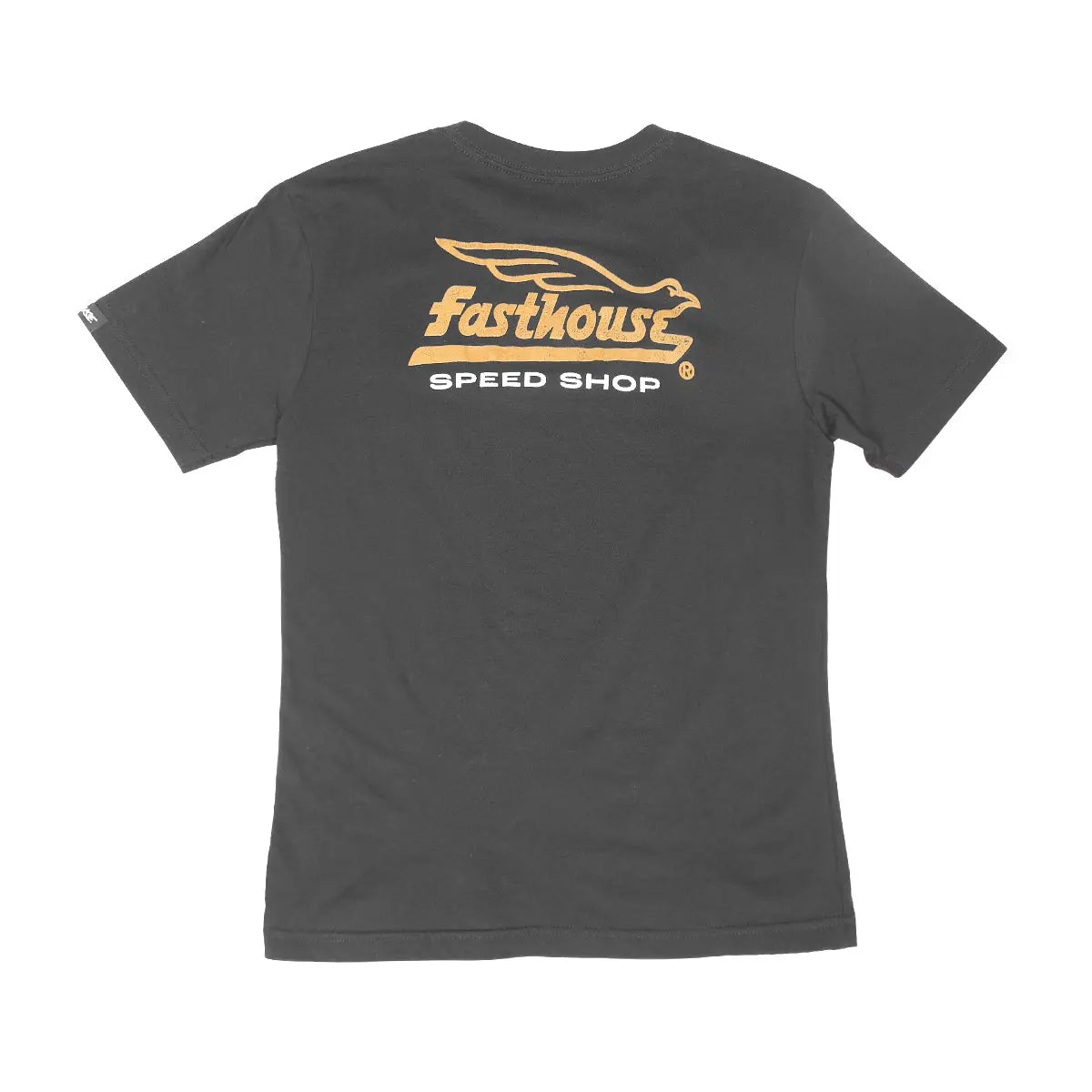 Youth Gilmore Tee Kids front view, Charcoal with gold winged rabbit graphic and "Speed Shop" text below, Black Kids Tee -