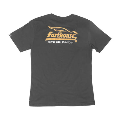 Youth Gilmore Tee Kids front view, Charcoal with gold winged rabbit graphic and "Speed Shop" text below, Black Kids Tee -