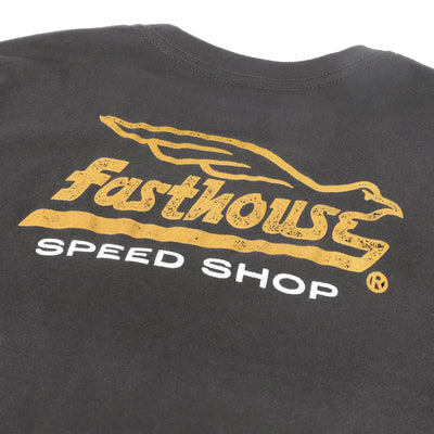 Close-up of Youth Gilmore Tee Kids Black Kids Tee showing Distressed gold speedway graphic with white text and registered