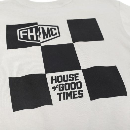 Close-up of Youth Gilmore Tee Kids Black Kids Tee showing Black and white checkered flag graphic with "FHMC" shield logo and