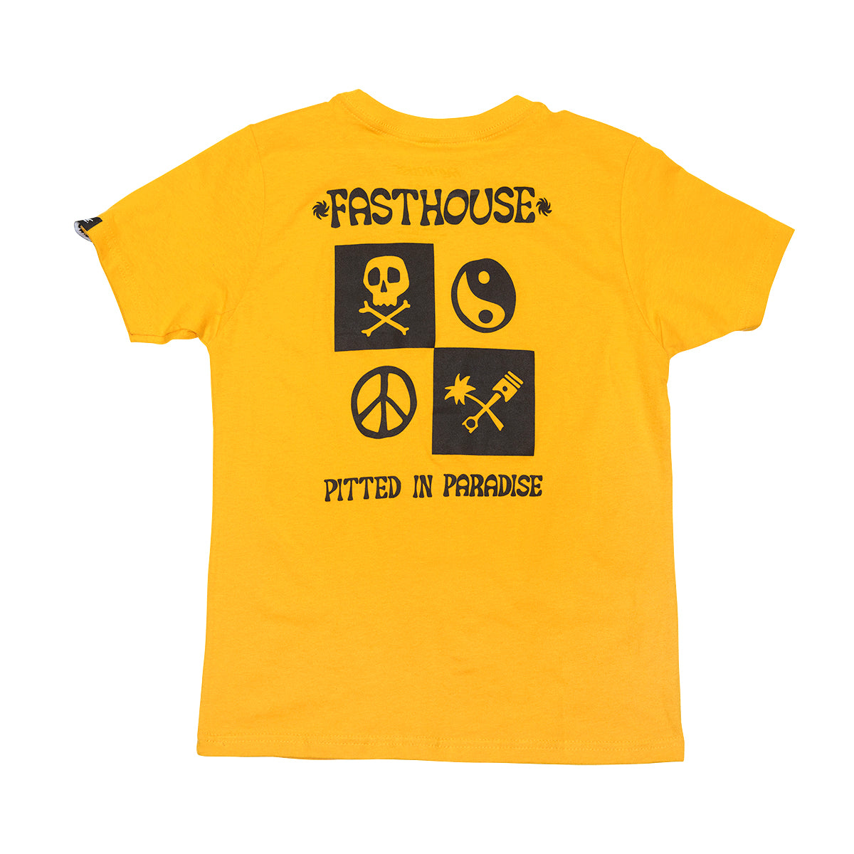 Youth Gold Mine Tee Kids front view, Gold with black "Fasthouse" text, skull and crossbones, yin-yang, peace sign, and