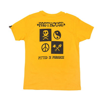 Youth Gold Mine Tee Kids front view, Gold with black "Fasthouse" text, skull and crossbones, yin-yang, peace sign, and