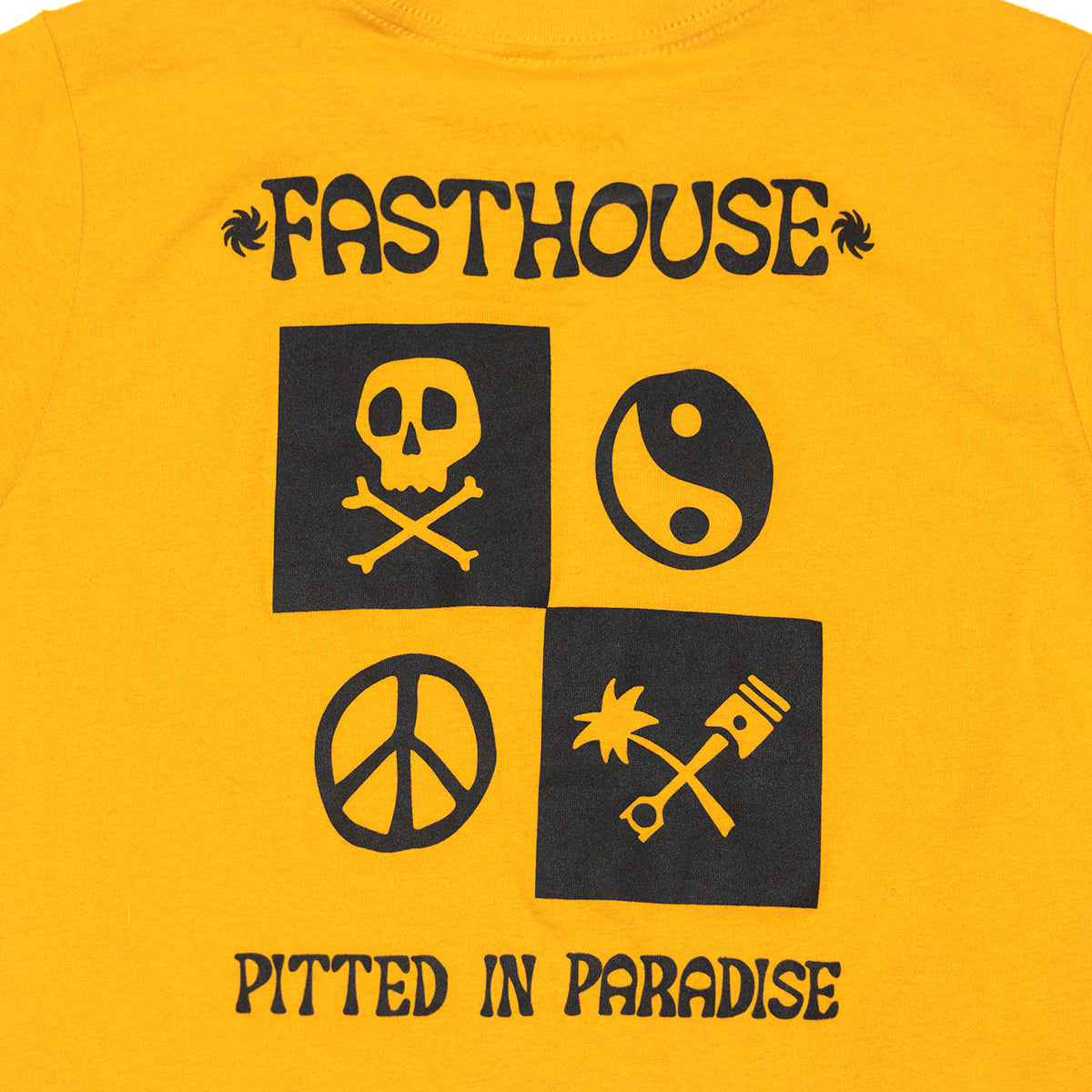 Close-up of Youth Gold Mine Tee Kids Vintage Gold Kids Tee showing Gold with black four-panel graphic featuring skull and