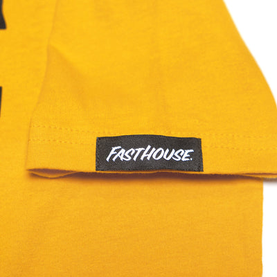 Care label on Youth Gold Mine Tee Kids Vintage Gold Kids Tee showing Black woven label with white script text on yellow