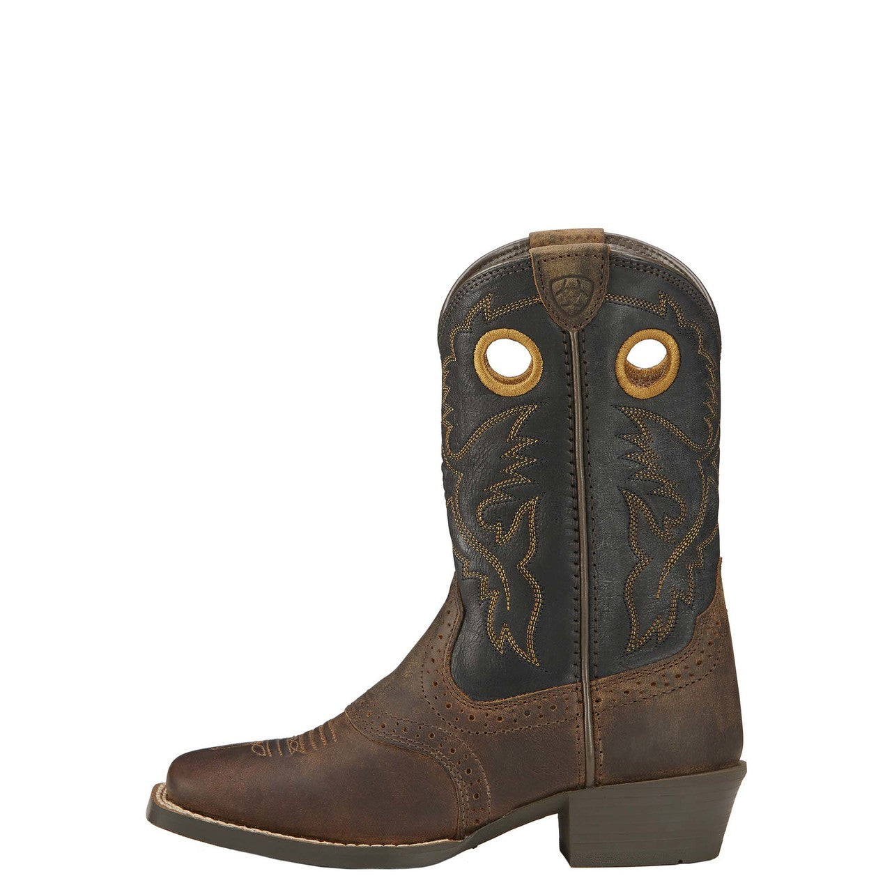 Back of Youth Heritage Roughstock Square Toe Boots Distressed Brown/black Boots, Dark charcoal shaft with tan tooled leaf