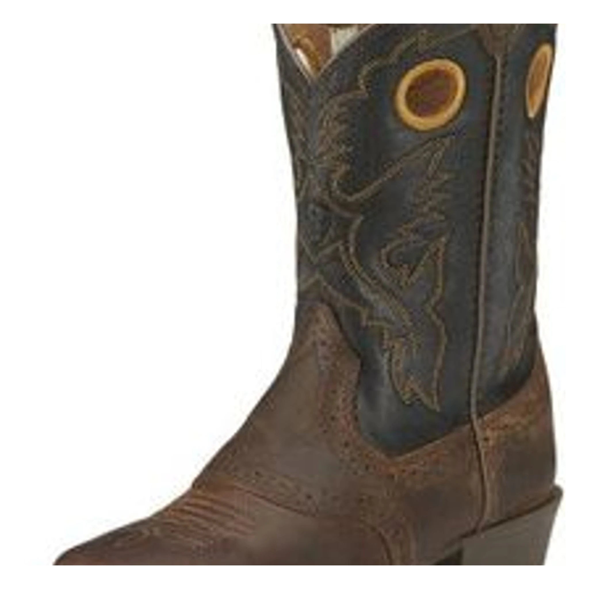 Youth Heritage Roughstock Square Toe Boots front view, Distressed brown leather foot with black shaft featuring embroidered
