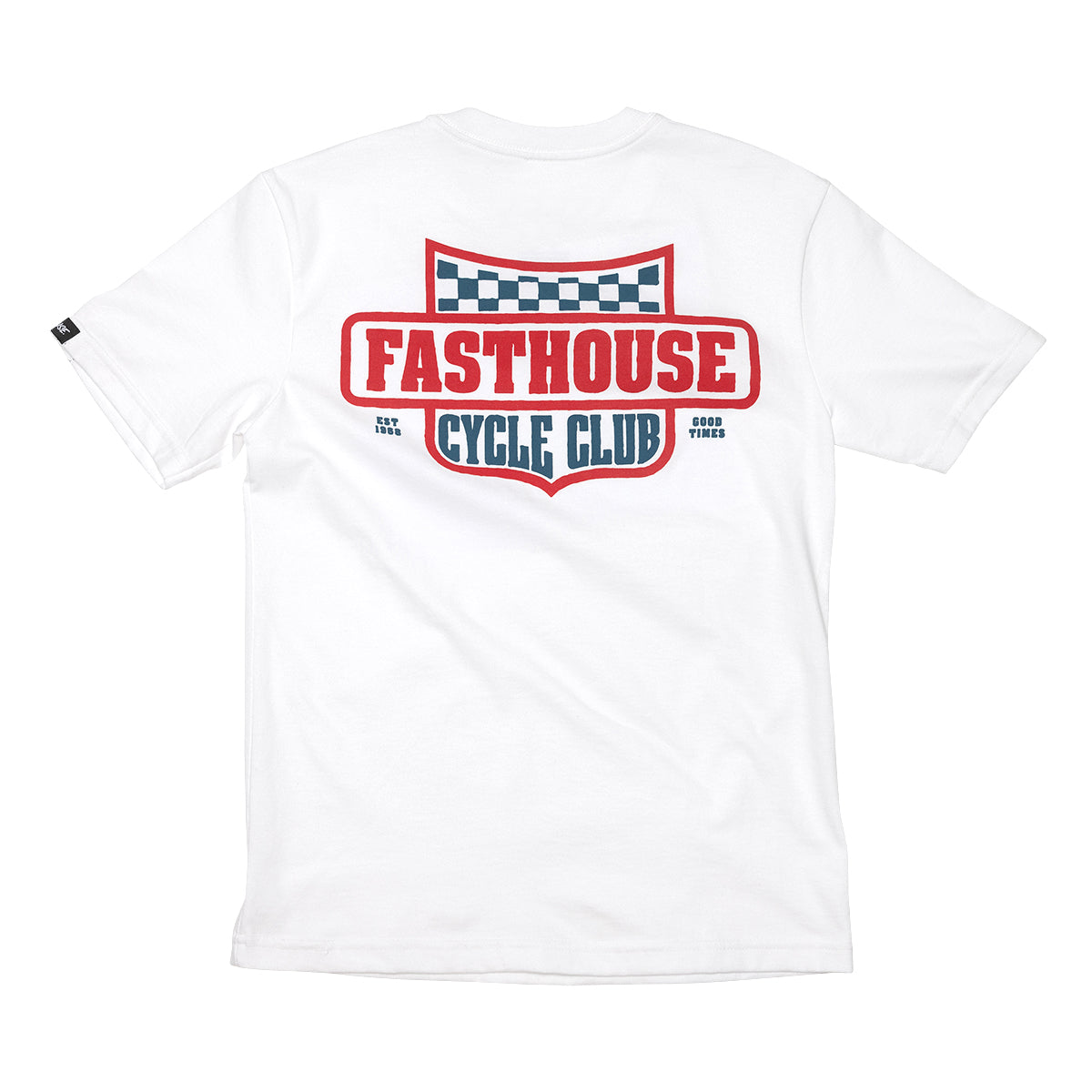 Youth Krest Tee Kids front view, White with red and navy checkered flag shield graphic reading "Fasthouse Cycle Club" and