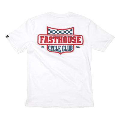 Youth Krest Tee Kids front view, White with red and navy checkered flag shield graphic reading "Fasthouse Cycle Club" and