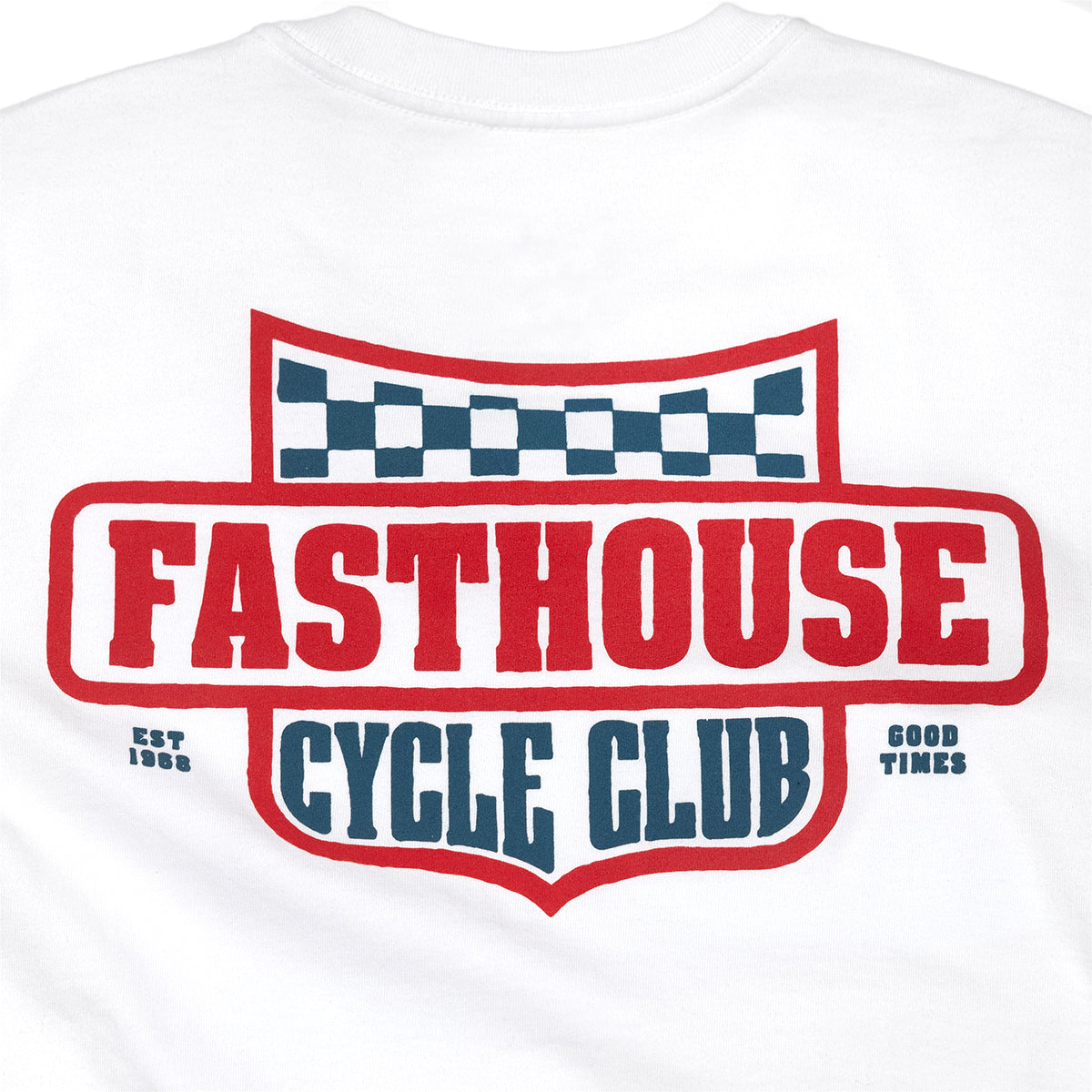 Close-up of Youth Krest Tee Kids White Kids Tee showing White with red and navy checkered flag graphic, "Fasthouse Cycle