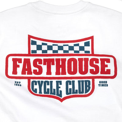 Close-up of Youth Krest Tee Kids White Kids Tee showing White with red and navy checkered flag graphic, "Fasthouse Cycle