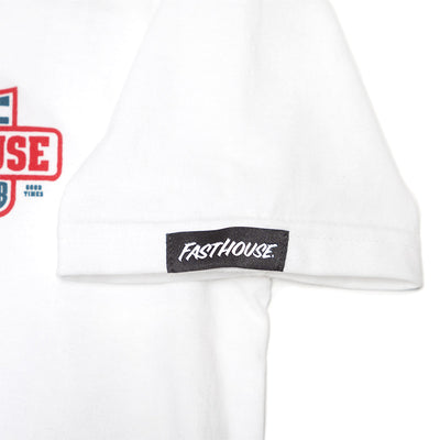 Close-up of Youth Krest Tee Kids White Kids Tee showing Black woven neck label with white script text on white shirt collar